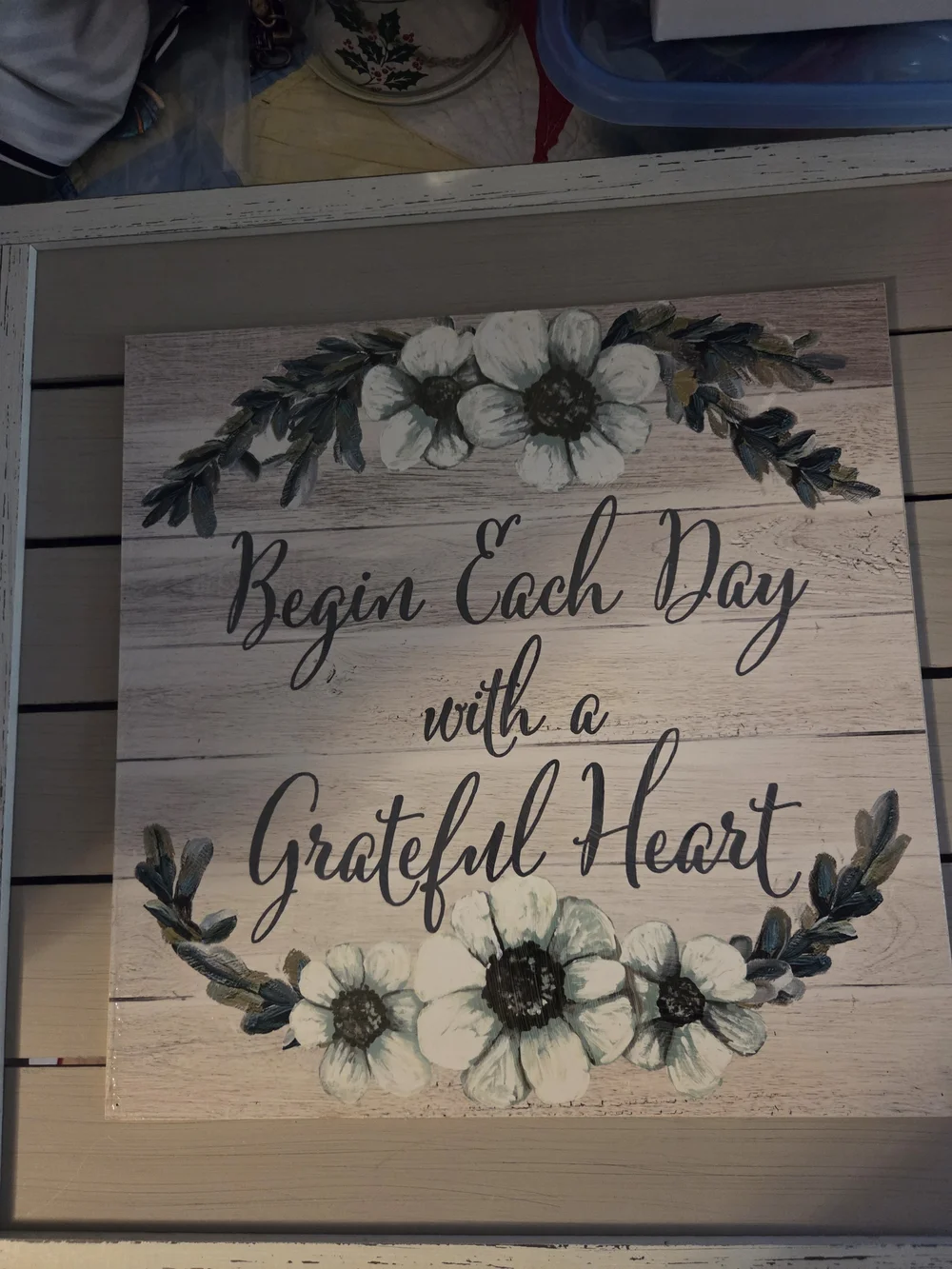 Begin Each Day With a Grateful Heart Wall Art White Floral Wall Decor Art